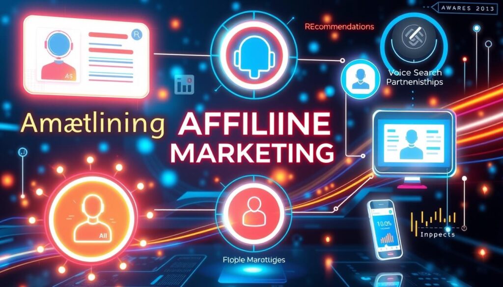 Futuristic visualization of affiliate marketing trends showing AI, voice search, and mobile optimization Futuristic visualization of affiliate marketing trends showing AI, voice search, and mobile optimization