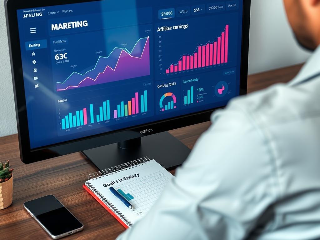 Person analyzing affiliate marketing earnings dashboard showing growth and performance metrics Person analyzing affiliate marketing earnings dashboard showing growth and performance metrics