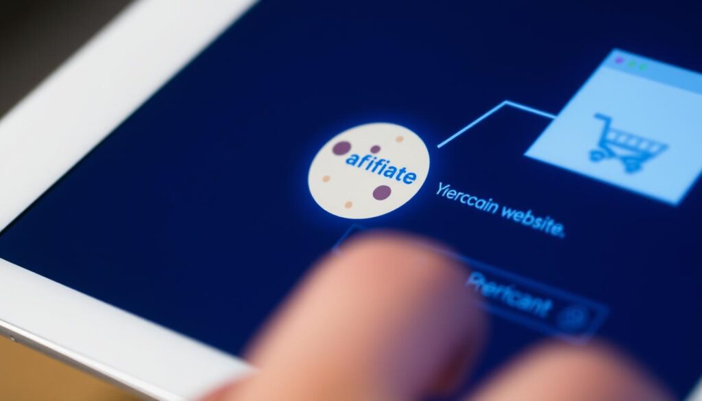 Person clicking on an affiliate link with tracking cookie visualization Person clicking on an affiliate link with tracking cookie visualization