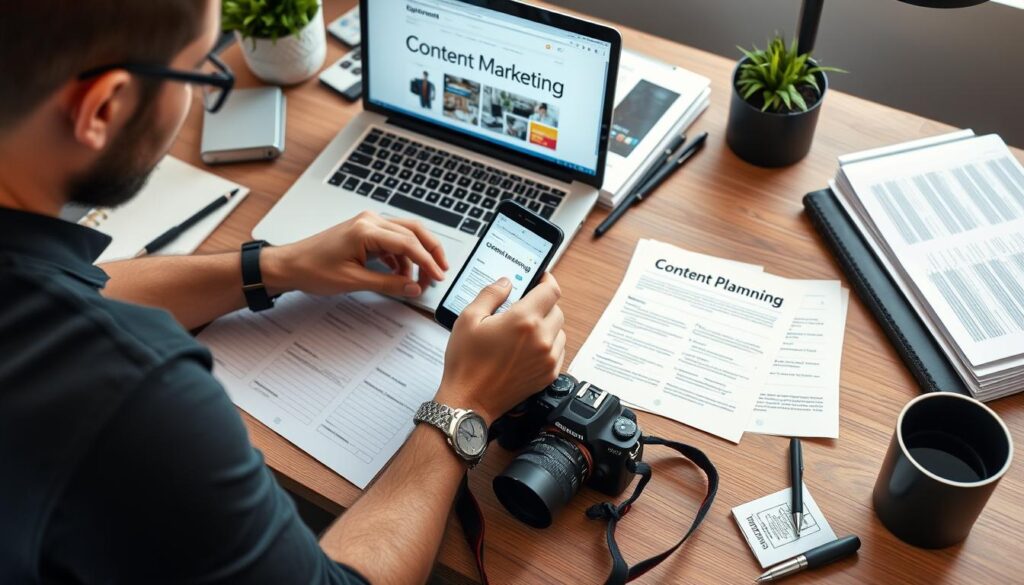 Person creating affiliate marketing content with laptop, camera, and planning materials Person creating affiliate marketing content with laptop, camera, and planning materials
