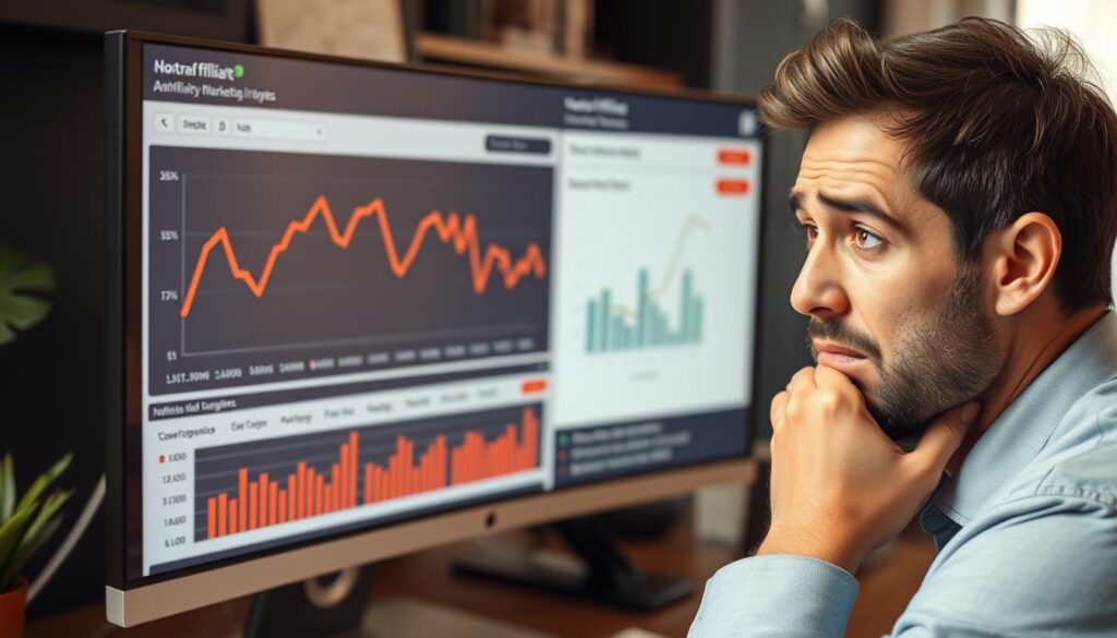 Person looking frustrated while analyzing poor affiliate marketing performance metrics Person looking frustrated while analyzing poor affiliate marketing performance metrics