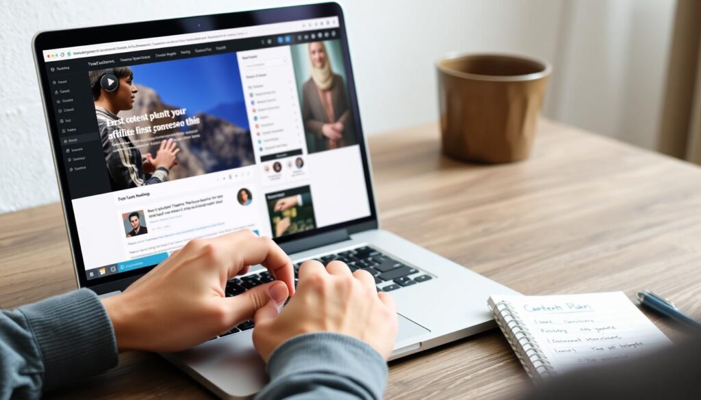Person setting up an affiliate marketing website with content and tracking links Person setting up an affiliate marketing website with content and tracking links