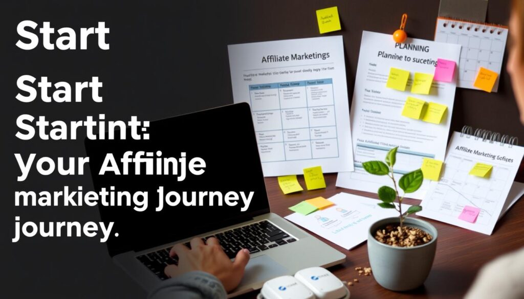 Person working on laptop with affiliate marketing materials and planning documents showing a roadmap to success Person working on laptop with affiliate marketing materials and planning documents showing a roadmap to success