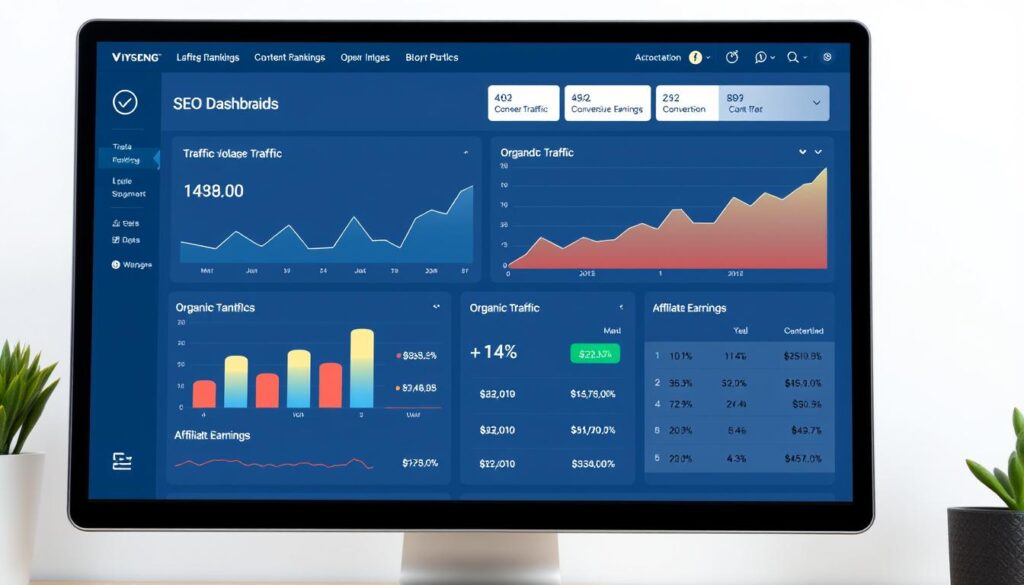 SEO dashboard showing keyword rankings and traffic analytics for affiliate marketing content SEO dashboard showing keyword rankings and traffic analytics for affiliate marketing content