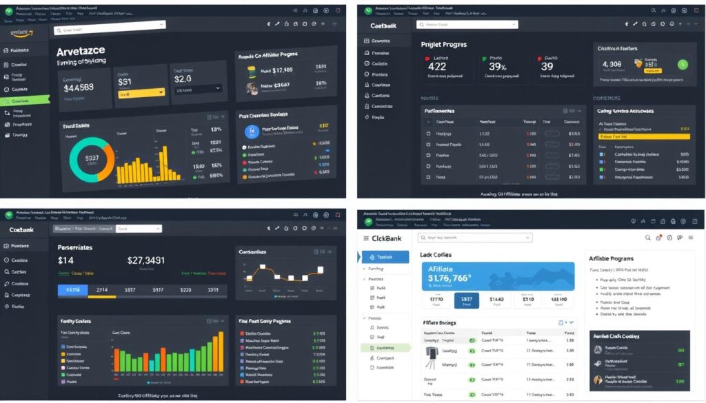 Screenshots of various affiliate marketing network dashboards showing earnings and available programs Screenshots of various affiliate marketing network dashboards showing earnings and available programs