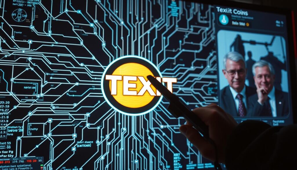 A blockchain network representing Texit Coin displayed on a digital screen, surrounded by a complex web of data streams and security protocols. In the foreground, a hand wielding a hacker's tool is attempting to breach the system, casting an ominous shadow. The background features government officials and regulators closely monitoring the situation, their expressions reflecting the high-stakes challenges of cryptocurrency oversight. The lighting is harsh, creating a sense of tension and unease. The overall composition conveys the fragility and vulnerability of the Texit Coin ecosystem, as it navigates the treacherous landscape of security threats and regulatory scrutiny.