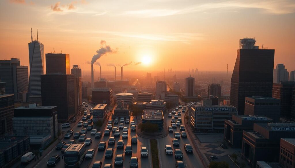 A breathtaking aerial view of a bustling metropolis, with towering skyscrapers and a teeming cityscape below. In the foreground, a swarm of Texit Coin-powered electric vehicles navigate the congested streets, their sleek silhouettes casting long shadows on the pavement. The sky is tinged with a hazy, amber glow, reflecting the impact of these vehicles on the environment. In the middle ground, industrial smokestacks and power plants belch plumes of thick, dark smoke, a stark contrast to the promise of clean, sustainable transportation. In the distant background, a stunning sunset casts a warm, ethereal glow, hinting at a future where the environmental cost of automotive technology has been mitigated. Cinematic lighting and a wide-angle lens capture the scene, conveying the magnitude and complexity of the Texit Coin's environmental impact.