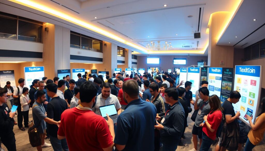 A bustling community meetup for the Texit Coin cryptocurrency enthusiasts, captured with a wide-angle lens. In the foreground, a diverse group of people animatedly discuss the latest Texit Coin updates, gesturing towards their laptops and smartphones. The middle ground reveals an array of informational booths and product displays, highlighting the ecosystem of Texit Coin-related services and applications. In the background, the venue's modern interior is illuminated by warm, diffused lighting, creating a welcoming atmosphere conducive to meaningful exchanges and networking. The overall scene conveys a sense of camaraderie, collaboration, and shared passion for the Texit Coin project.
