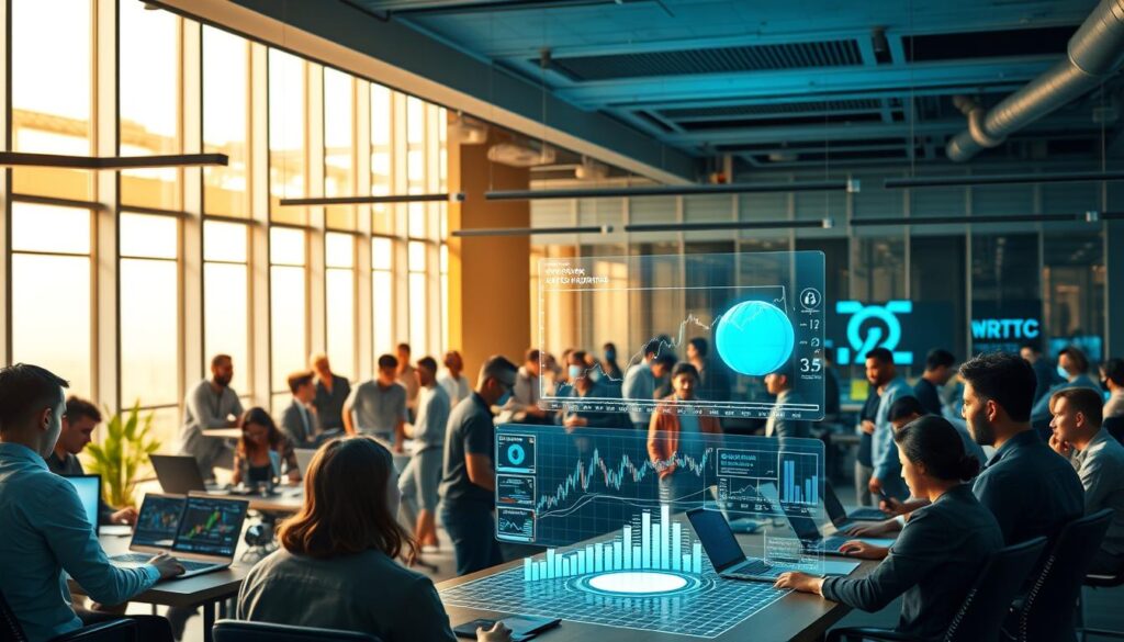 A bustling crypto hub, where digital assets and blockchain technologies converge. In the foreground, a diverse group of professionals - software engineers, financial analysts, and entrepreneurs - collaborate on innovative cryptocurrency projects. The middle ground features a holographic display showcasing the latest market trends and data visualizations. In the background, a sleek, futuristic office space with floor-to-ceiling windows, bathed in warm, diffused lighting that creates a dynamic, tech-savvy atmosphere. The scene exudes a sense of excitement and endless possibilities in the ever-evolving world of cryptocurrency careers.