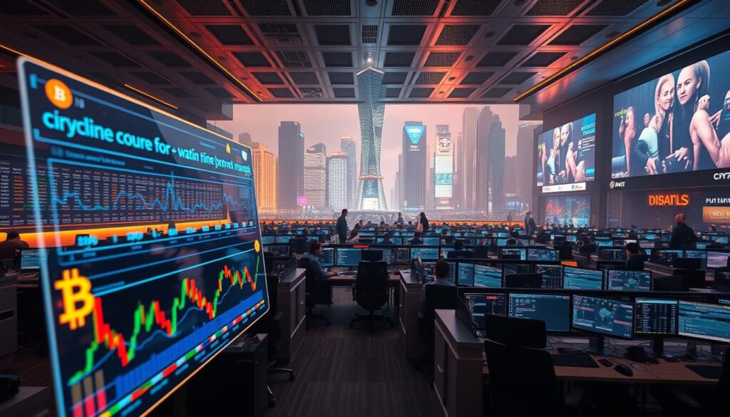 A bustling cryptocurrency exchange, bathed in a warm, futuristic glow. In the foreground, a sleek, holographic interface displays real-time market data, with colorful charts and graphs reflecting the ebb and flow of digital currencies. The middle ground features rows of high-performance workstations, where traders and analysts monitor the pulse of the cryptocurrency landscape. In the background, a towering, neon-lit skyline of gleaming skyscrapers and digital billboards, symbolizing the global reach and technological sophistication of the crypto world. Soft, diffused lighting casts an air of innovation and dynamism, as the exchange hums with the energy of a financial revolution in the making.