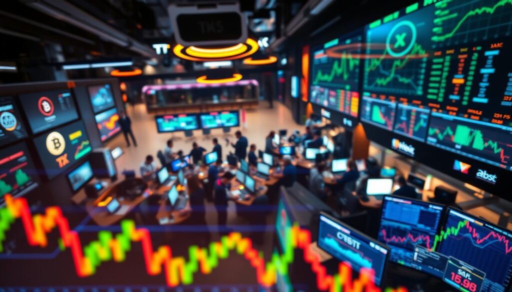 A bustling digital marketplace, the Texit Coin exchange is alive with dynamic market trends. In the foreground, vibrant cryptocurrency graphs and charts showcase the coin's performance, data points dancing across the screen. In the middle ground, traders huddle around terminals, expressions intense as they analyze the latest fluctuations. The background is a blur of futuristic interfaces, holographic displays, and neon-lit panels, creating an immersive, high-tech atmosphere. Diffused lighting casts a warm glow, while the camera angle provides an overhead, bird's-eye view, capturing the market's energy and momentum. This image conveys the excitement and complexity of the Texit Coin ecosystem, a digital financial landscape in constant flux.