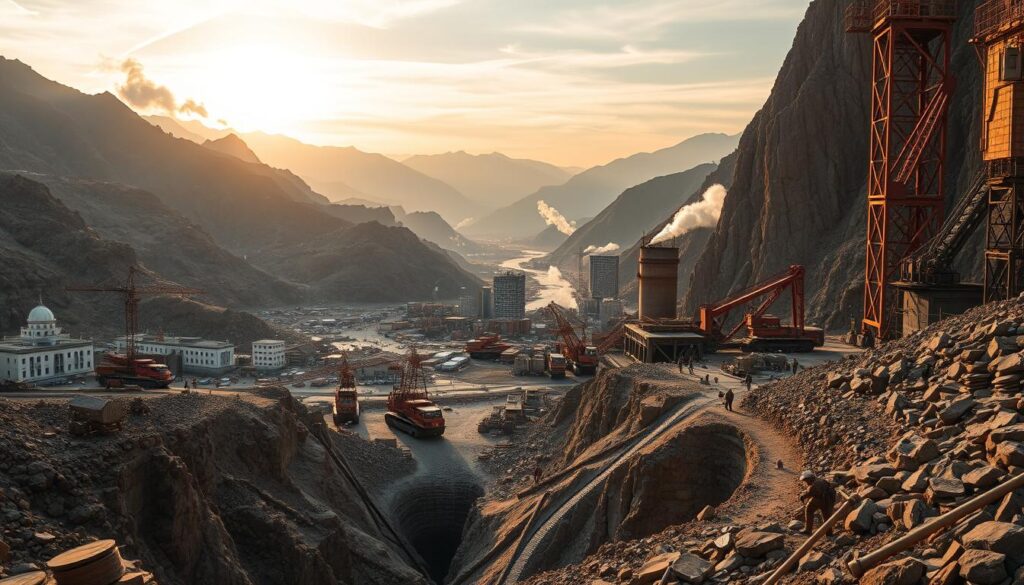 A bustling mining town nestled in a rugged mountain landscape, with gleaming high-rise buildings in the background. In the foreground, workers wielding pickaxes toil away at the entrance of a deep mine shaft. Towering cranes and heavy machinery dot the scene, hinting at the scale of the mining operations. The sky is cast in a warm, golden glow, reflecting the simmering activity below. Plumes of smoke rise from the distant smelting facilities, while the rhythmic clanging of metal echoes across the valley. This dynamic interplay of industry, labor, and natural resources encapsulates the essence of mining and exchange dynamics.