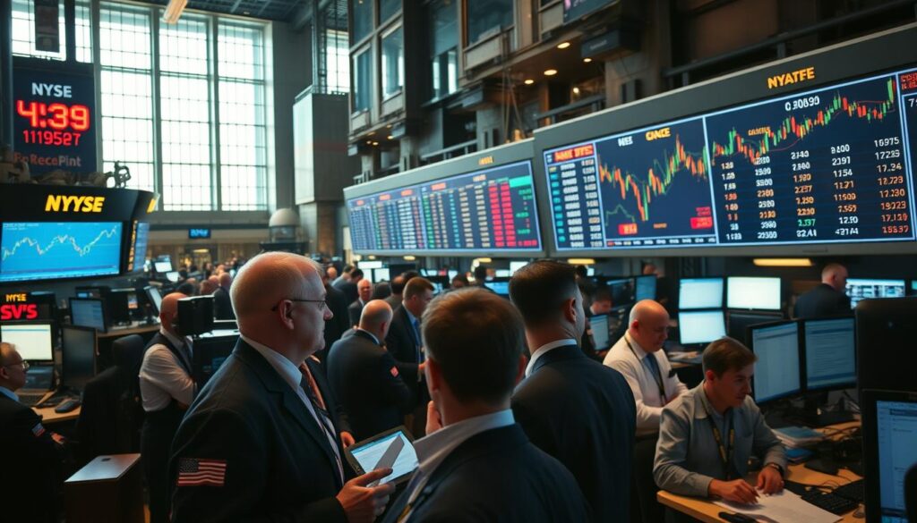 A bustling trading floor at the heart of a thriving financial center, illuminated by the warm glow of computer screens and natural light streaming through towering windows. Traders engaged in intense discussions, analyzing charts and order books, their faces reflecting the gravity of the current market dynamics. In the foreground, a large screen displays real-time market data, with candlestick charts and fluctuating price lines conveying the ebb and flow of the day's trading activity. The atmosphere is one of focused intensity, as the traders navigate the complex interplay of supply, demand, and sentiment that shapes the current market snapshot.