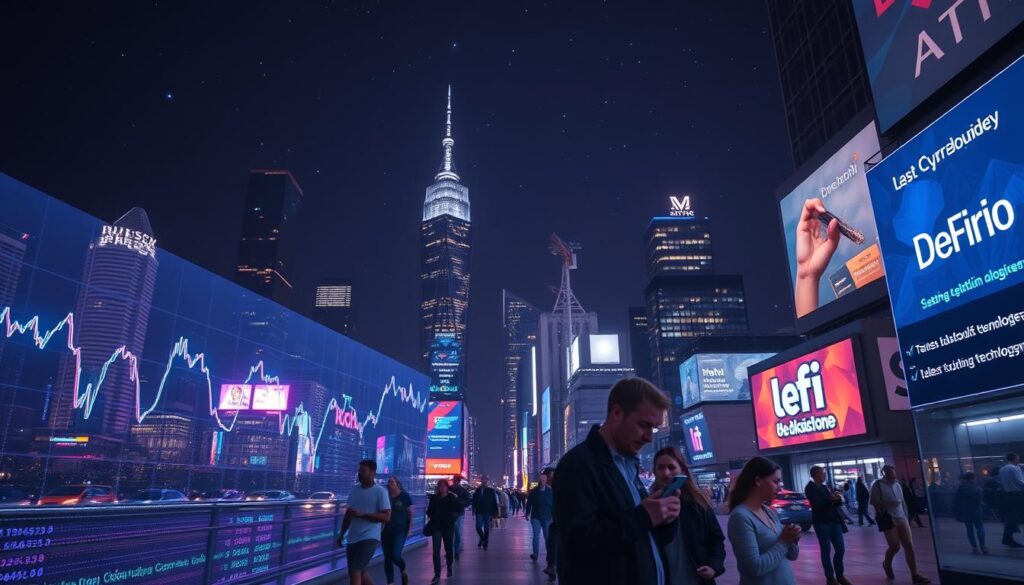 A cityscape at night, gleaming skyscrapers reaching towards a starry sky. In the foreground, a holographic display showcases the volatile fluctuations of various cryptocurrency prices, their lines tracing dynamic patterns against the urban backdrop. In the middle ground, pedestrians move through the scene, their smartphones casting a soft glow as they track the latest digital currency trends. Neon-lit billboards advertise the latest blockchain technologies and DeFi platforms. The overall atmosphere conveys a sense of excitement and innovation, reflecting the rapid evolution of the cryptocurrency landscape.
