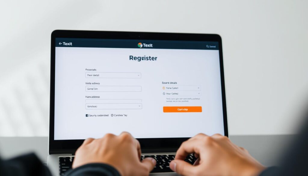 A clean, well-lit scene of a digital registration process for the Texit cryptocurrency. In the foreground, a laptop screen displays a sleek user interface with fields for personal details, wallet address, and security credentials. Hands hover over the keyboard, carefully filling out the form. The middle ground features a subtle background of abstract geometric shapes in muted tones, suggesting the blockchain infrastructure. The lighting is natural and diffuse, creating a calming, professional atmosphere. The overall composition conveys a sense of secure, streamlined access to the Texit financial ecosystem.