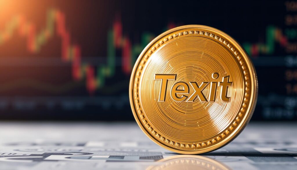 A close-up shot of a shiny, gold-colored coin with the word "Texit" engraved on it, set against a blurred background of financial charts, graphs, and ticker symbols. The coin is illuminated by a warm, directional light, casting subtle shadows and highlights that accentuate its metallic luster. The composition emphasizes the coin's prominence, suggesting its significant investment potential. The overall mood is one of prosperity, innovation, and the promising future of the Texit digital currency.