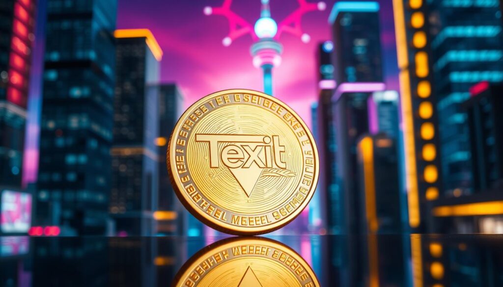 A close-up shot of a shiny, gold-toned cryptocurrency coin emblazoned with the "Texit" logo, set against a futuristic backdrop of neon-lit skyscrapers and a vibrant, multi-colored skyline. The coin is bathed in a warm, golden glow, reflecting the surge in its price and the excitement surrounding the Texit cryptocurrency. The scene is captured with a shallow depth of field, drawing the viewer's focus to the prominent Texit coin and evoking a sense of prosperity and innovation. Subtle lens flare and a cinematic tone lend an air of grandeur and significance to the image, capturing the essence of the Texit coin's remarkable price performance.