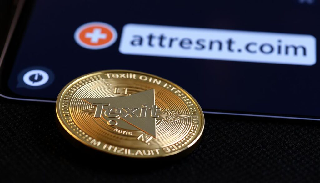 A close-up view of a physical Texit coin resting on a dark, textured surface. The coin has a sleek, metallic finish with intricate details and patterns etched onto its surface, reflecting a warm, ambient lighting. In the background, a digital wallet interface displays the corresponding Texit coin address, presented in a clean, easy-to-read format. The scene conveys a sense of security and authenticity, highlighting the connection between the physical cryptocurrency and its digital representation.
