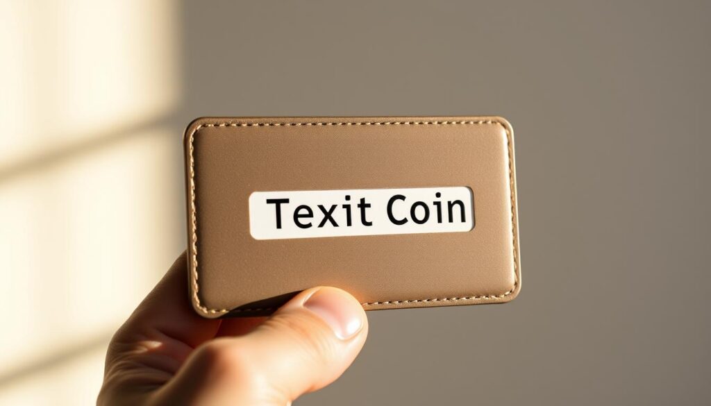 A close-up view of a physical cryptocurrency wallet displaying the wallet address for Texit Coin, a digital asset. The wallet is held in a person's hand against a plain, neutral background that is evenly lit from the side, creating subtle shadows and highlights. The wallet's surface reflects the light, giving it a sleek, premium appearance. The wallet address is clearly legible, allowing the viewer to see the unique string of alphanumeric characters that identify the Texit Coin wallet.