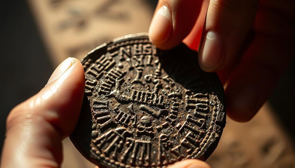 A close-up view of an ancient coin, its surface worn and weathered, revealing an intricate pattern of text and symbols etched into the metal. The inscription is partially obscured, challenging the viewer to decipher its hidden meaning. In the foreground, a pair of delicate hands gently hold the coin, their fingers tracing the grooves and contours, as if to coax the secrets from the ancient artifact. The background is softly blurred, allowing the coin to take center stage, bathed in a warm, directional light that casts dramatic shadows, highlighting the depth and texture of the inscription. This scene conveys the sense of discovery and the thrill of unraveling the mysteries hidden within the coin's timeworn text.