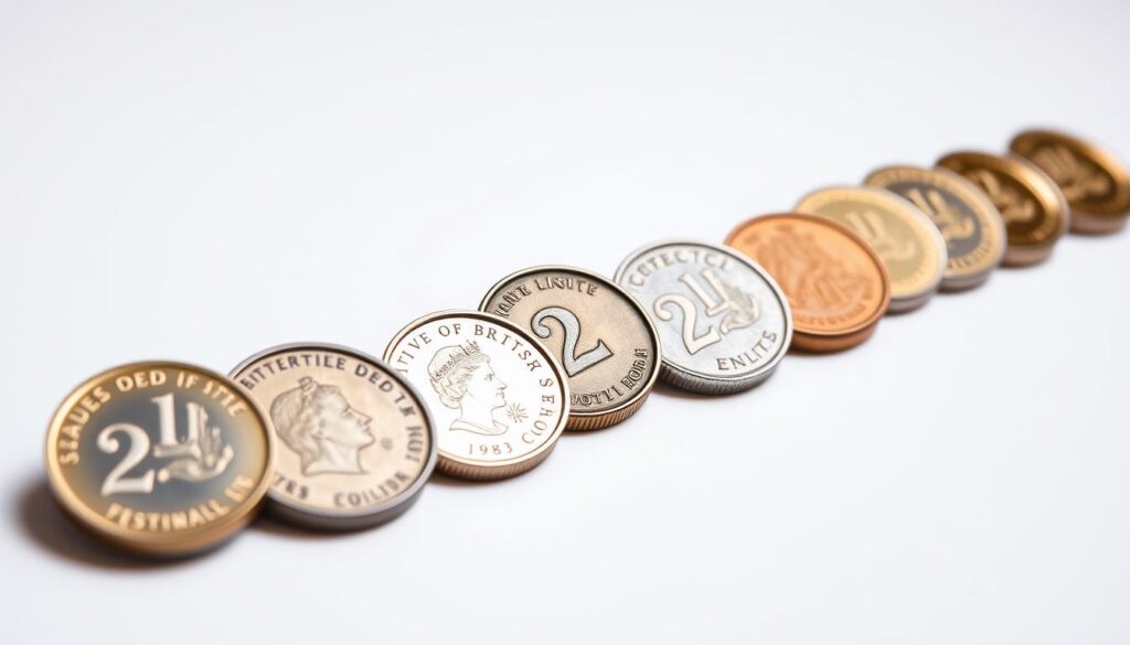 A collection of British coins arranged in a timeline, showcasing the evolution of the £2 coin design over the years. Positioned on a clean, minimalist background, the coins are meticulously detailed, reflecting the light and casting subtle shadows. The arrangement progresses chronologically, highlighting the distinct features and designs of each £2 coin, allowing for a clear visual comparison of the various iterations. The scene is captured with a shallow depth of field, emphasizing the coins and drawing the viewer's attention to the nuanced differences between them. The overall mood is one of historical significance and design appreciation, providing a comprehensive visual reference for the article's subject.