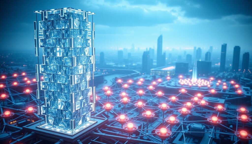 A complex and intricate 3D rendered scene depicting the core elements of blockchain technology. In the foreground, a towering blockchain data structure made of crystalline hexagonal blocks, glowing with an ethereal internal light. In the middle ground, a network of interconnected nodes and hubs, represented by luminous spheres and cylinders, illustrating the decentralized, distributed nature of the blockchain. In the distant background, a futuristic cityscape with skyscrapers and infrastructure, hinting at the widespread applications of this transformative technology. The scene is bathed in a cool, blue-tinted lighting, creating a sleek, modern, and technological atmosphere. The overall composition conveys the power, complexity, and importance of blockchain technology.