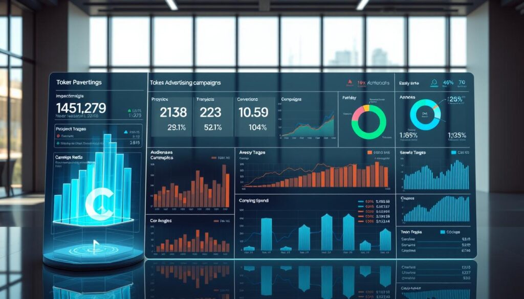 A comprehensive data visualization dashboard displaying detailed analytics on various token advertising campaigns. In the foreground, a sleek 3D holographic projection showcases key performance metrics, such as impressions, clicks, conversions, and ROI. The middle ground features a series of interactive charts and graphs, presenting a deep dive into audience demographics, campaign targeting, and campaign spend optimization. The background setting is a minimalist, futuristic office space with large windows, allowing natural light to flood the scene and create a clean, professional ambiance. The overall mood is one of data-driven decision-making, strategic planning, and a keen focus on maximizing the impact of token-based advertising efforts.