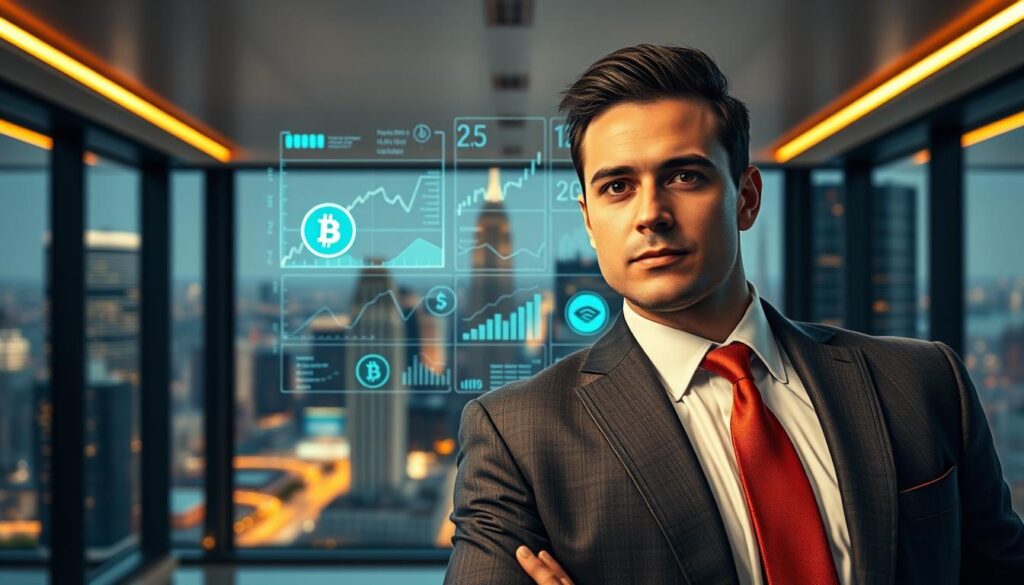 A confident and poised digital currency leader stands in the foreground, dressed in a sharp suit and tie, exuding an air of authority and expertise. The leader's face is clearly visible, conveying a sense of determination and visionary leadership. In the middle ground, a holographic display showcases various cryptocurrency charts, graphs, and data, reflecting the leader's deep understanding of the digital finance landscape. The background is a sleek, modern office setting with large windows overlooking a bustling city skyline, suggesting the leader's position at the forefront of the cryptocurrency industry. Warm, directional lighting illuminates the scene, creating a sense of professionalism and innovation.