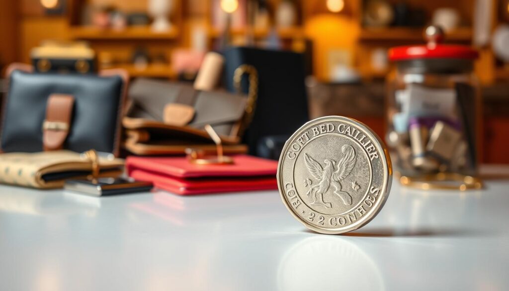 A crisp, detailed image of the new £2 coin set against a vibrant backdrop. In the foreground, the coin shines with a clean, metallic luster, its edges sharply defined. The coin rests on a smooth, reflective surface, creating a sense of depth and highlighting its three-dimensional form. In the middle ground, a variety of everyday items, such as a purse, wallet, and change jar, are arranged to showcase the coin's availability and prominence in everyday transactions. The background features a warm, inviting setting, perhaps a cozy café or a well-stocked store counter, conveying a sense of the coin's widespread circulation and accessibility.