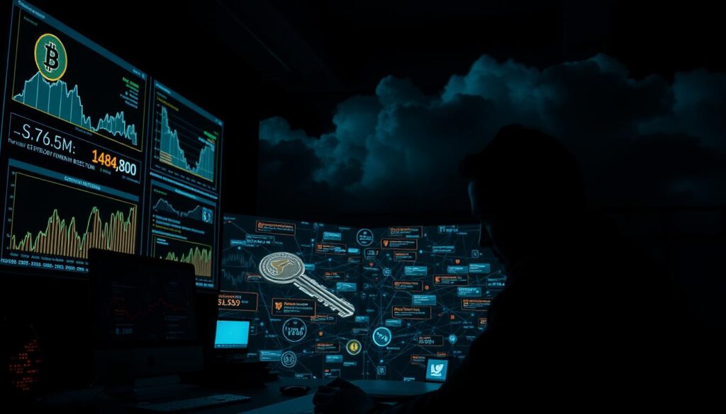 A darkened business office, illuminated by the eerie glow of holographic displays showcasing complex cryptocurrency models and risk metrics. In the foreground, a shadowy figure pores over projected graphs and charts, brow furrowed with concern. The middle ground features a tangle of digital ledgers, cryptographic keys, and cascading error messages, hinting at the inherent volatility and hazards of decentralized finance. In the background, looming clouds of uncertainty loom, casting an ominous atmosphere over the entire scene. Dramatic chiaroscuro lighting emphasizes the high-stakes nature of this cryptocurrency compensation conundrum. The overall tone evokes a sense of unease, risk, and the need for careful navigation of this emerging financial landscape.