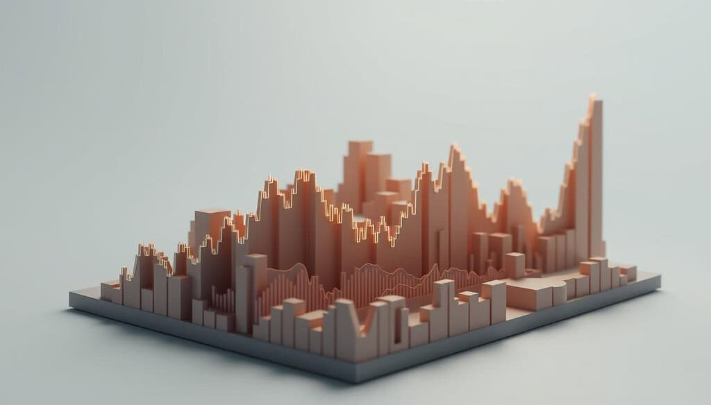 A detailed 3D visualization of the TXC cryptocurrency price chart, showcasing key trends and patterns over time. The chart is depicted in a clean, minimalist style, with crisp lines, a muted color palette, and subtle lighting to highlight the data. The foreground features the main price graph, with distinct upward and downward movements. The middle ground includes relevant technical indicators such as moving averages and support/resistance levels. The background subtly suggests the broader financial landscape, with muted cityscape or stock exchange elements. The overall mood is one of analytical clarity and professional financial analysis.