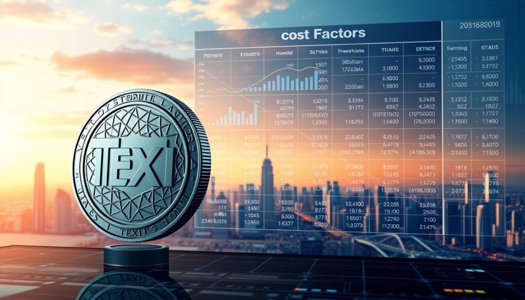A detailed analysis of the Texit coin's cost factors against a backdrop of a stylized digital landscape. In the foreground, a 3D model of the Texit coin rotates, its surface reflecting intricate geometric patterns. The middle ground features a grid-like financial data display, with charts, graphs, and numerical values illustrating the key cost drivers. The background depicts a cityscape of towering skyscrapers and a futuristic skyline, bathed in a warm, ethereal lighting that conveys a sense of technological innovation. The overall composition creates a visually striking and informative representation of the factors influencing the cost of the Texit cryptocurrency.