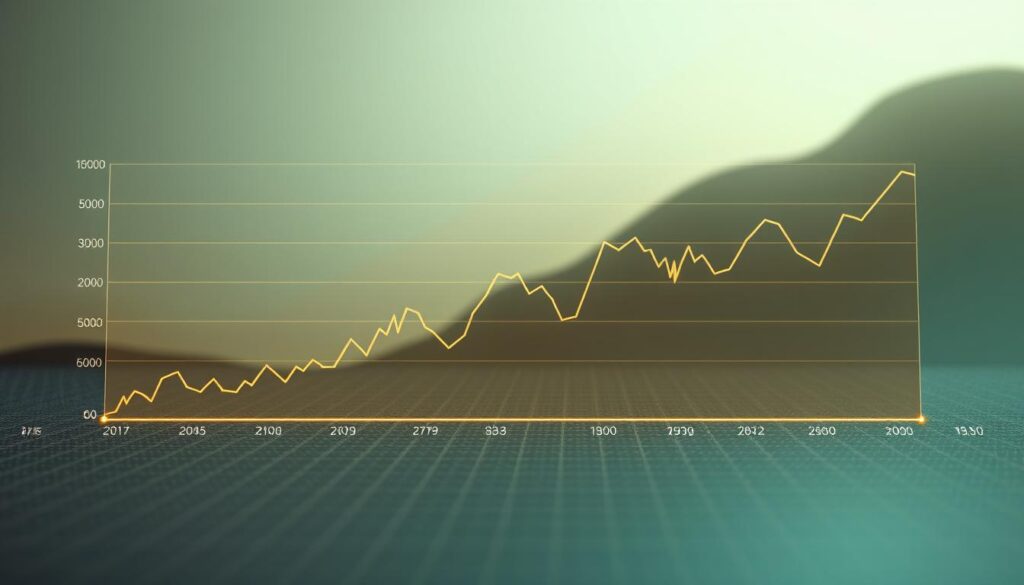 A detailed chart depicting the historical price trends of Texit Coin, rendered with a sleek and modern aesthetic. The foreground showcases the cryptocurrency's price fluctuations over time, presented in a clean, minimalist line graph format. The middle ground features a subtle grid overlay, providing context and scale. The background evokes a sense of technological sophistication, with a muted, metallic color palette and a hint of digital textures. Soft, directional lighting accentuates the data visualization, creating depth and dimension. The overall composition strikes a balance between informative clarity and visually appealing design, effectively illustrating the "Historical Price Trends of Texit Coin".