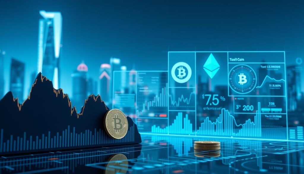 A detailed comparative analysis of various cryptocurrencies, rendered in a sleek, modern style. In the foreground, a dynamic 3D visualization showcases the price fluctuations and market cap of Texit Coin, Bitcoin, Ethereum, and other major players, rendered in a minimalist color palette. The middle ground features a series of holographic charts and infographics, highlighting the key metrics and performance indicators of the cryptocurrencies. The background depicts a futuristic cityscape, bathed in a cool, neon-tinged lighting, setting the scene for this high-tech financial analysis. The overall composition conveys a sense of data-driven clarity and financial sophistication.