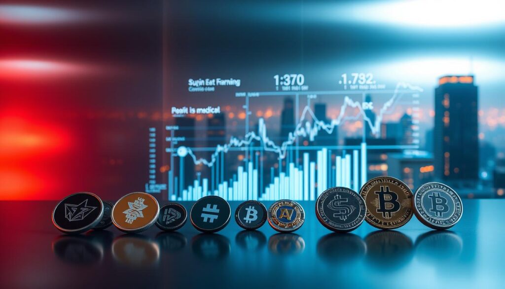 A detailed comparison of various cryptocurrency exchanges, including Texit Coin, against a sleek, metallic backdrop. The foreground features prominent, stylized cryptocurrency icons arranged in a grid, showcasing their relative market positions. The middle ground depicts abstract, holographic data visualizations, representing real-time trading metrics and exchange performance. The background is a dimly lit, futuristic cityscape, bathed in a warm, neon glow, symbolizing the dynamic, ever-evolving crypto landscape. The overall mood is one of technological sophistication, precision, and the tension between innovation and stability in the world of digital assets.