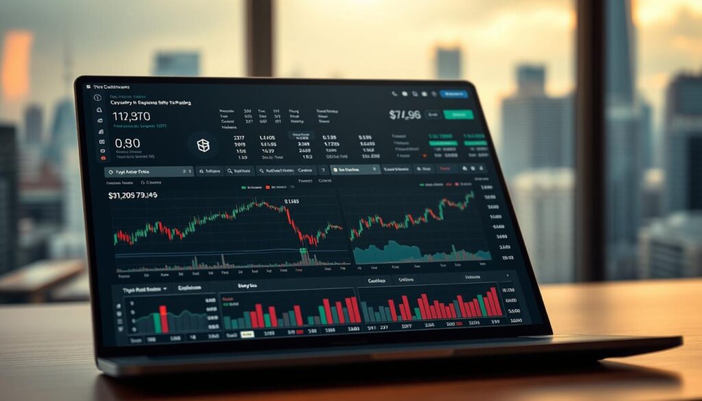 A detailed cryptocurrency analysis dashboard displayed on a laptop screen. The foreground features a series of interactive charts, graphs, and data visualizations showcasing cryptocurrency price trends, trading volumes, market capitalization, and other key metrics. The middle ground includes analytical tools, indicators, and algorithms overlaying the data. The background depicts a blurred cityscape with skyscrapers, symbolizing the global scale and interconnectedness of the cryptocurrency market. The lighting is soft and warm, creating a pensive, contemplative atmosphere. The angle is slightly elevated, giving the impression of an in-depth, comprehensive examination of the subject matter.