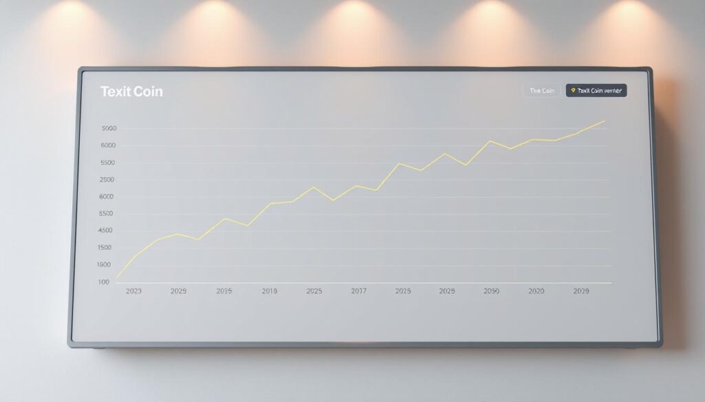 A detailed, data-driven line chart showcasing the annual price movement of Texit Coin from 2025 to 2050. The chart is displayed on a sleek, minimalist dashboard against a soft grey background, illuminated by warm, directional lighting. The lines are clean and crisp, color-coded to differentiate between key years, with subtle tick marks and gridlines providing context. The overall aesthetic is sophisticated and elegant, conveying the seriousness and importance of the financial data being presented.