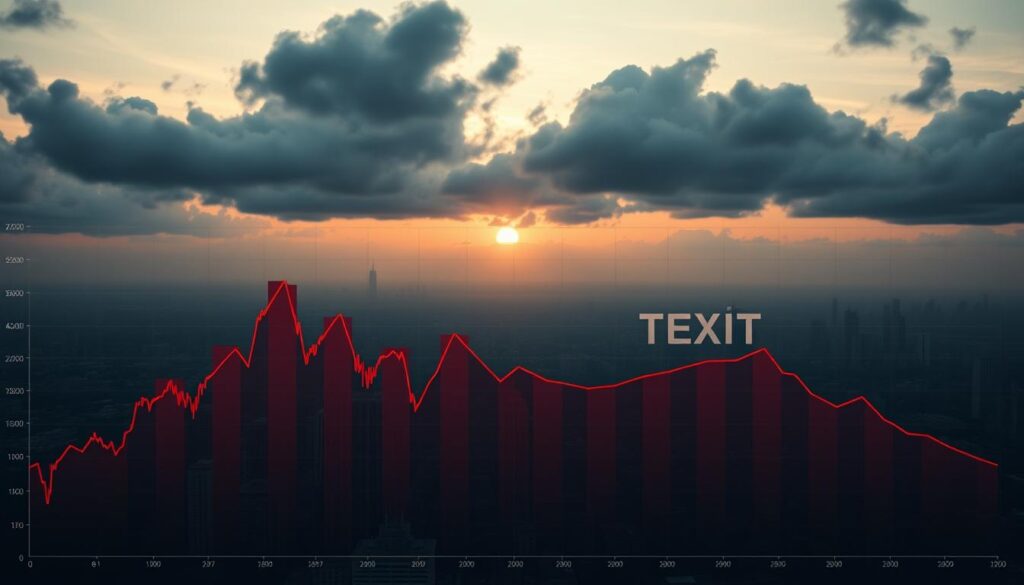 A detailed data visualization showcasing the tumultuous trajectory of the "Texit Coin" cryptocurrency. The foreground features a striking line graph depicting the coin's dramatic price plunge, with bold red bars emphasizing the magnitude of the crash. The middle ground displays a panoramic cityscape, representing the broader economic landscape affected by the event. In the background, an ominous sky with dark clouds and a faint sunset glow sets an atmosphere of uncertainty and foreboding. The scene is rendered with a cinematic, muted color palette, conveying the gravity and seriousness of the subject matter. Dramatic, wide-angle camera angle and dramatic lighting accentuate the impactful visualization.