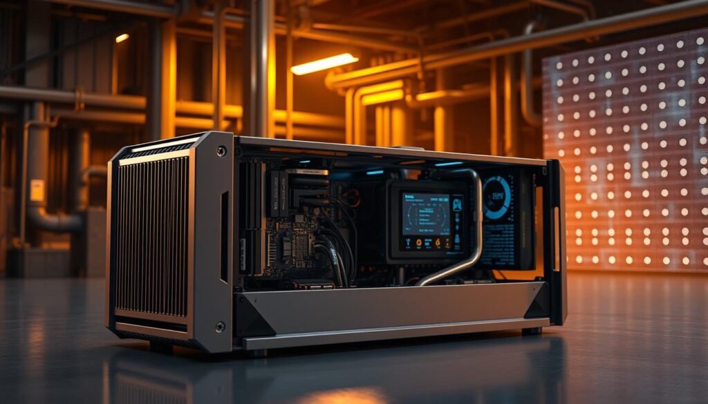 A detailed, high-resolution 3D render of a mining share model, showcasing its intricate mechanical components and digital user interface. The model is situated in a dimly lit, industrial-style environment with warm lighting, casting dramatic shadows. The foreground features the mining share's sleek, metallic exterior with bold, angular lines and a distinct cooling system. The middle ground reveals the inner workings, including circuit boards, processors, and a touchscreen display. In the background, a backdrop of steel beams, pipes, and a subtle, holographic grid pattern conveys a sense of technological advancement and innovation. The overall composition emphasizes the mining share's complex engineering, functionality, and integration with a futuristic, cryptocurrency-inspired setting.