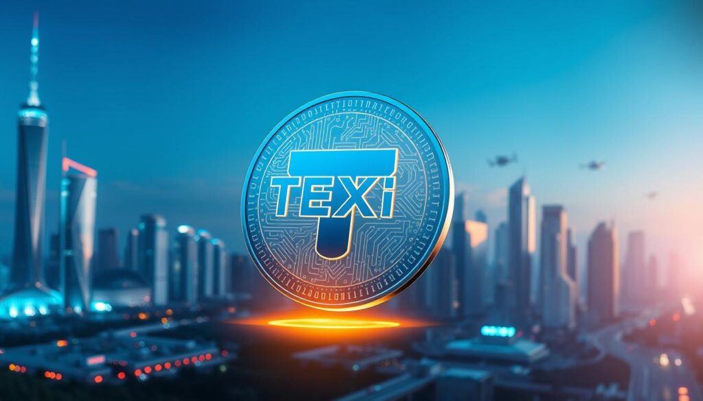 A detailed holographic display shows a glowing Texit coin levitating in a futuristic landscape. The coin's surface reflects intricate blockchain patterns, casting a warm glow over the scene. In the background, a city skyline of gleaming towers and hovering vehicles suggests a thriving crypto-powered metropolis. The lighting is crisp and dramatic, with sharp contrasts and cool blue tones that convey a sense of technological sophistication. The overall composition exudes a sense of confidence and optimism about the Texit coin's promising future.