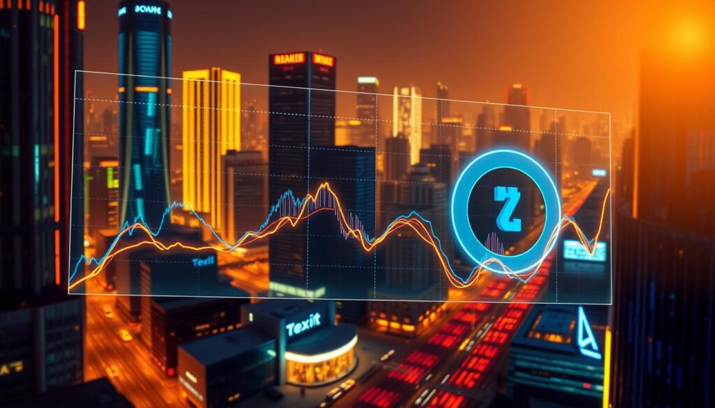 A detailed line chart depicting the recent market trends of Texit Coin, a prominent cryptocurrency. The chart is presented against a backdrop of a futuristic financial cityscape, with towering skyscrapers and neon-lit streets. Warm lighting casts a vibrant glow, creating a sense of energy and dynamism. The chart's lines smoothly undulate, showcasing the coin's price fluctuations over time, rendered in shimmering hues of blue and gold. In the foreground, a sleek, holographic user interface hovers, providing additional analytics and market insights. The overall atmosphere conveys a balance of technological sophistication and financial analysis, reflecting the complexities of the evolving Texit Coin ecosystem.