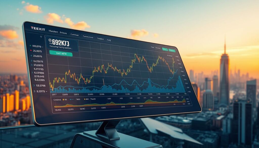 A detailed market analysis chart depicting the performance and trends of Texit, a thriving cryptocurrency. The chart is presented on a sleek, futuristic dashboard against a backdrop of a cityscape skyline bathed in a warm, golden glow. The data is visually compelling, showcasing key metrics and indicators that highlight the resilience and recovery prospects of this digital asset. The overall scene conveys a sense of optimism and technological sophistication, reflecting the promising outlook for Texit's continued success.