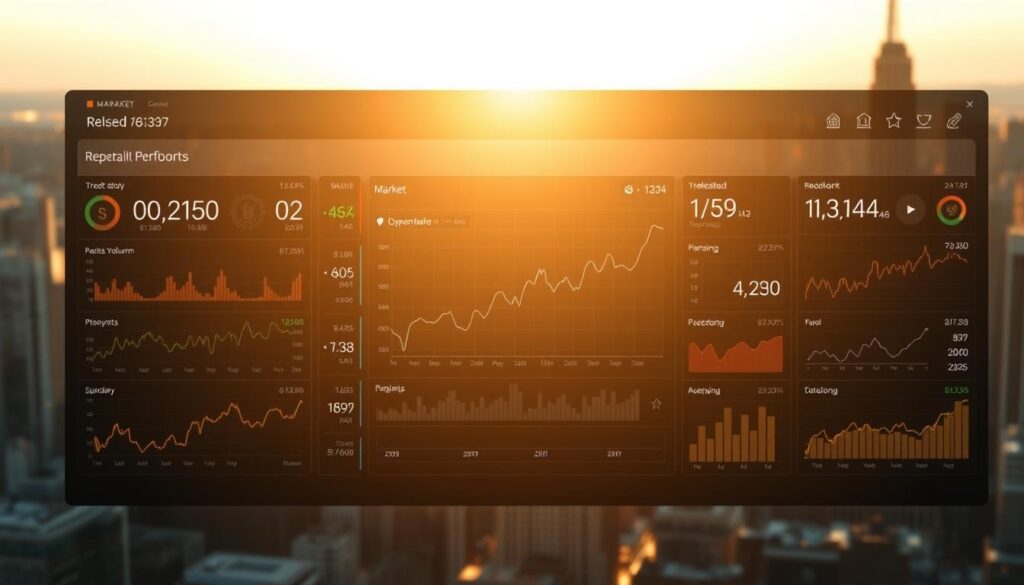 A detailed market performance analysis shown through a sleek, modern dashboard interface. In the foreground, a series of interactive charts and graphs display key financial metrics such as price fluctuations, trading volume, and market capitalization. The middle ground features a central panel with a bold, data-driven visualization showcasing the overall market trend. In the background, a minimalist cityscape framed by a warm, golden lighting sets the scene, evoking a sense of economic dynamism and growth. The composition emphasizes clarity, precision, and a data-driven approach to understanding cryptocurrency market performance.