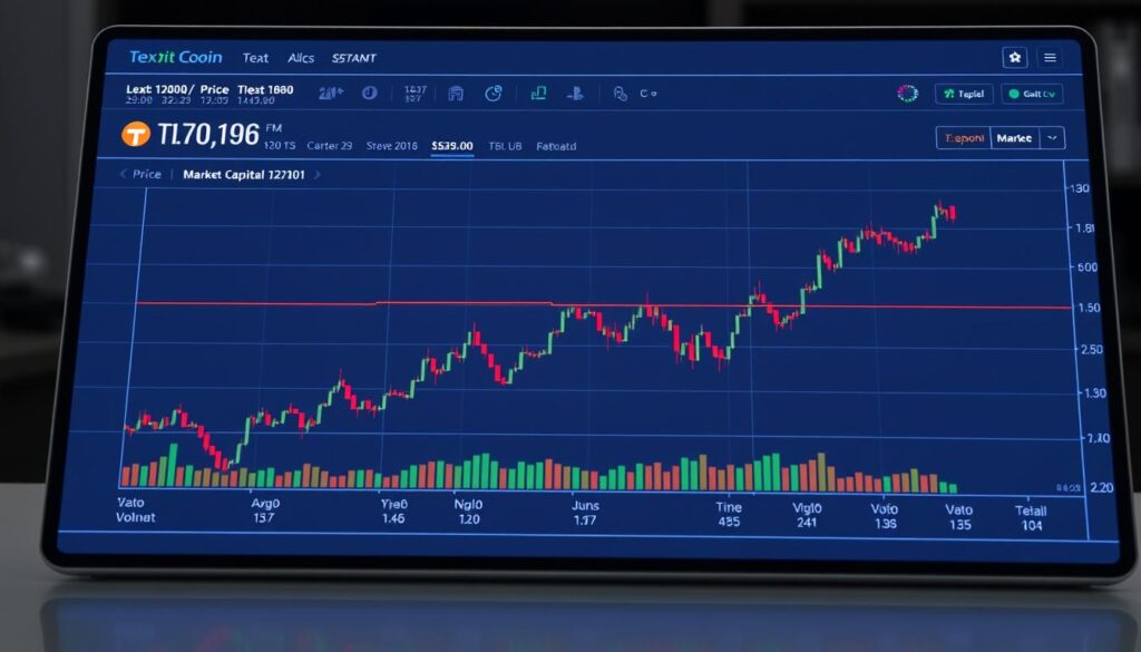 A detailed, real-time chart of the Texit Coin cryptocurrency, displayed on a sleek, modern digital interface. The chart shows the price fluctuations, trading volume, and market capitalization of Texit Coin over a specified time period, providing a comprehensive visual representation of its performance compared to other major cryptocurrencies. The chart is rendered in a clean, minimalist style with a professional, data-driven aesthetic, emphasizing the analytical and informative nature of the content. The overall composition is balanced and visually appealing, with a focus on clarity and functionality to support the informational needs of the article's readers.