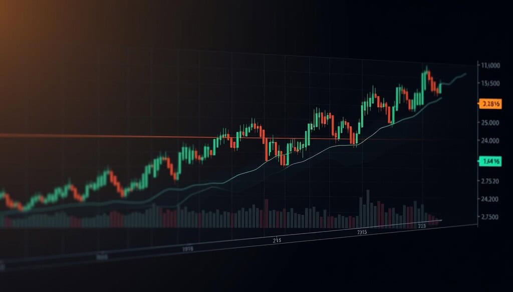 A detailed technical analysis chart depicting the projected price movements of Texit Coin (TXC) over the next few years. The chart should feature a variety of technical indicators and metrics, such as candlestick patterns, moving averages, Bollinger Bands, and Relative Strength Index (RSI). The chart should be rendered in a clean, minimalist style with a dark background, allowing the technical data to take center stage. The chart should be viewed from a side angle, creating a sense of depth and perspective. The overall atmosphere should convey a sense of data-driven analysis and financial foresight, guiding the viewer towards a deeper understanding of the potential future price trends of TXC.