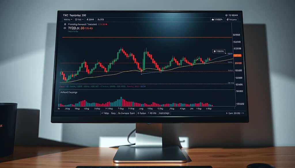 A detailed technical analysis chart of TXC cryptocurrency, displayed on a modern computer monitor. The chart features various analysis tools such as candlestick patterns, moving averages, Fibonacci retracement levels, and volume indicators. The chart is shown in a clean, minimalist interface with a dark, moody color scheme. Soft lighting casts dramatic shadows, emphasizing the analytical depth of the data. The overall scene conveys a sense of focused financial research and informed decision-making.