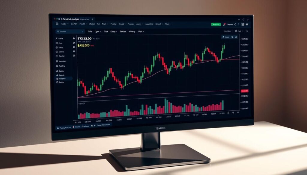 A detailed technical analysis chart of Texitcoin displayed on a sleek, high-resolution desktop monitor. The chart shows candlestick patterns, moving averages, and other technical indicators against a backdrop of a dark, minimalist user interface. The monitor is positioned on a clean, minimalist desk, bathed in a soft, warm light that casts subtle shadows. The overall atmosphere conveys a sense of focus, professionalism, and market insight, reflecting the "Market Sentiment and Technical Analysis Overview" section of the article.