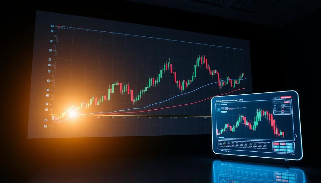 A detailed technical analysis chart projected against a dark, minimalist background, illuminated by a soft, warm lighting. The chart displays candlestick patterns, trend lines, and indicators like moving averages, all rendered in a clean, data-driven aesthetic. The foreground features a sleek, holographic-like interface with interactive elements, allowing the viewer to explore the price projections and market insights. The overall atmosphere conveys a sense of precision, sophistication, and the power of data-driven decision making.