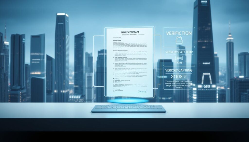 A detailed technical schematic of a smart contract verification process. In the foreground, a transparent smart contract document hovers above a sleek white desktop, its code and cryptographic seals visible. In the middle ground, a 3D holographic interface displays verification steps and security parameters. The background is a futuristic cityscape of towering skyscrapers, bathed in a cool, ethereal light. The overall mood is one of precision, security, and technological sophistication.