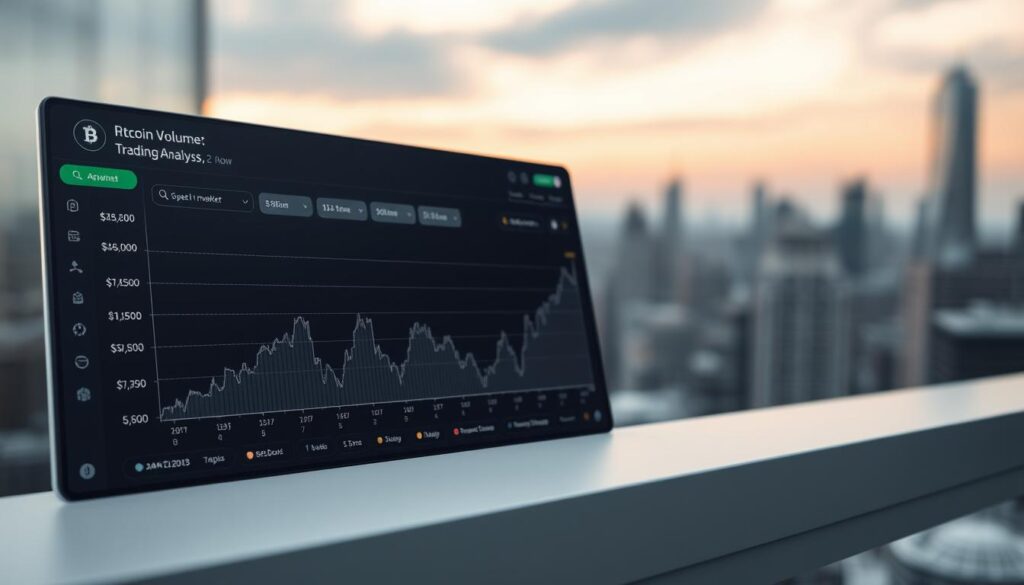 A detailed trading volume analysis chart displayed on a sleek, minimalist dashboard. The foreground shows a line graph with clearly labeled x and y axes, highlighting the cryptocurrency's trading volume over a specified time period. The midground features financial metrics and indicators, presented in a clean, data-driven layout. The background showcases a blurred cityscape, suggesting the broader market context. The overall aesthetic is sophisticated and data-driven, with muted colors, crisp edges, and a sense of precision, reflecting the analytical nature of the subject matter.